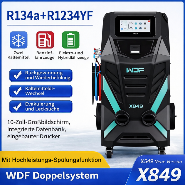 WDF X849 Vollautomatische Klimaservice-Station mit Hochleistungs-Spülungsfunktion für R134a & R1234yf –...