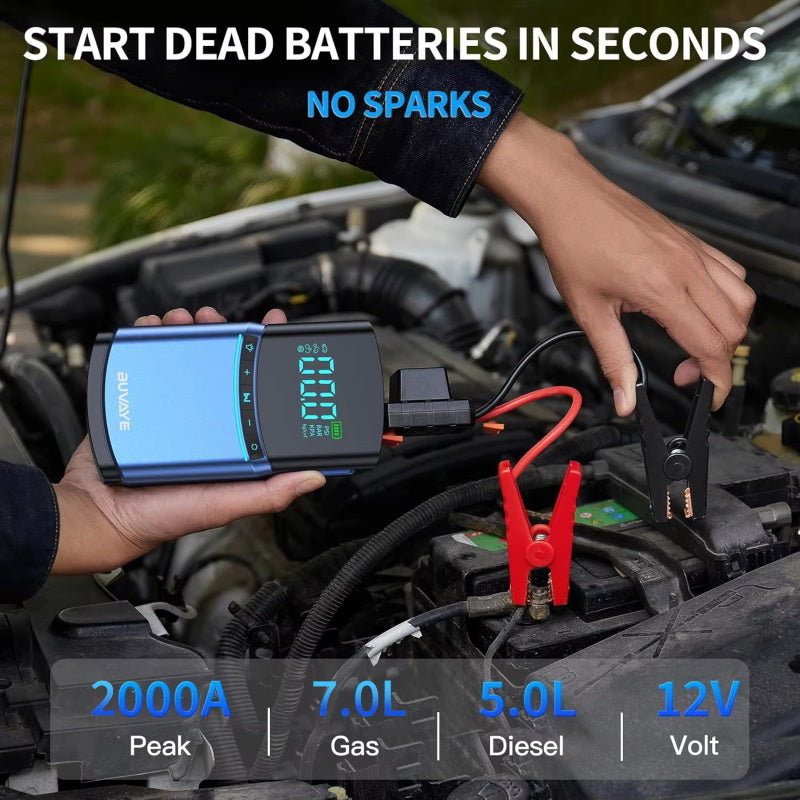4 in 1 Auto Starthilfe Luftpumpe 150PSI Reifenkompressor 2000A Startergerät 10000 mAh Power Bank Digitale...