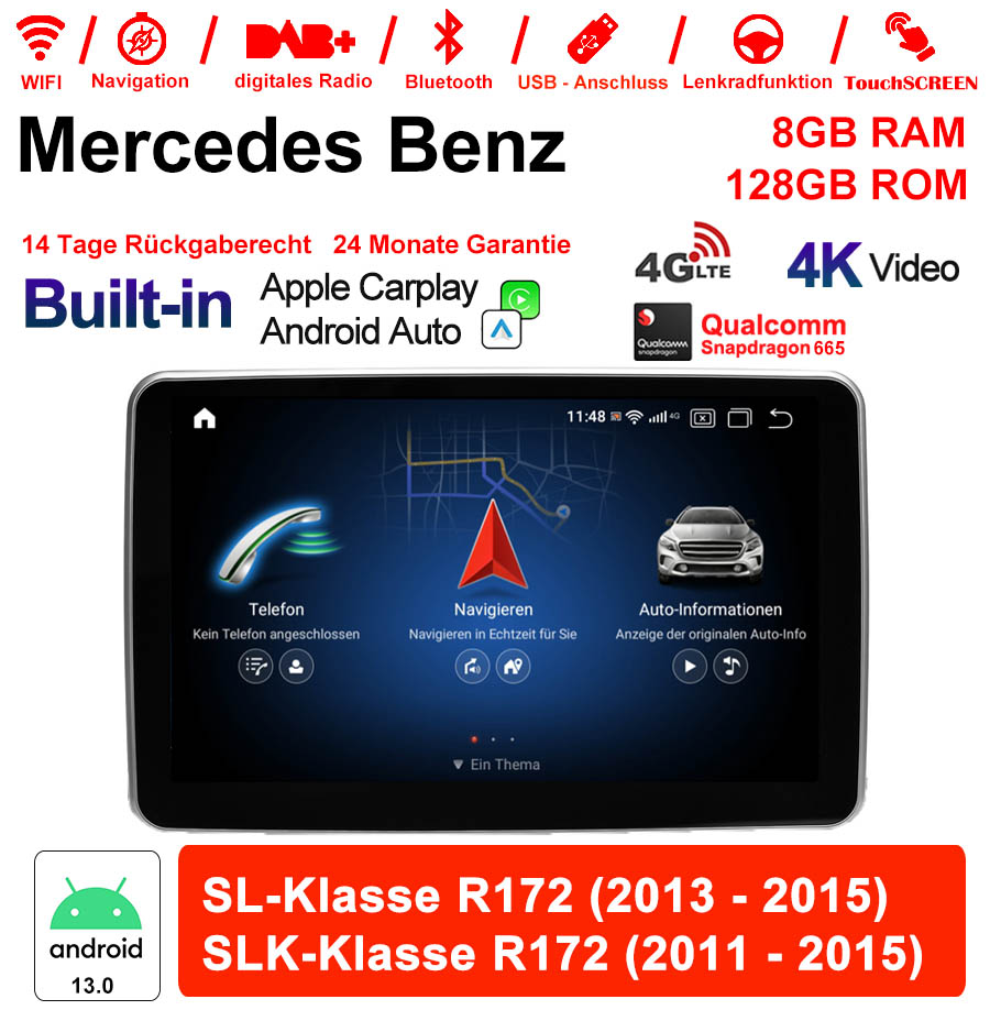 Android Autoradio für Mercedes Benz SL R172 und SLK R172 2011-2015 mit Wireless CarPlay, Android Auto & DAB+