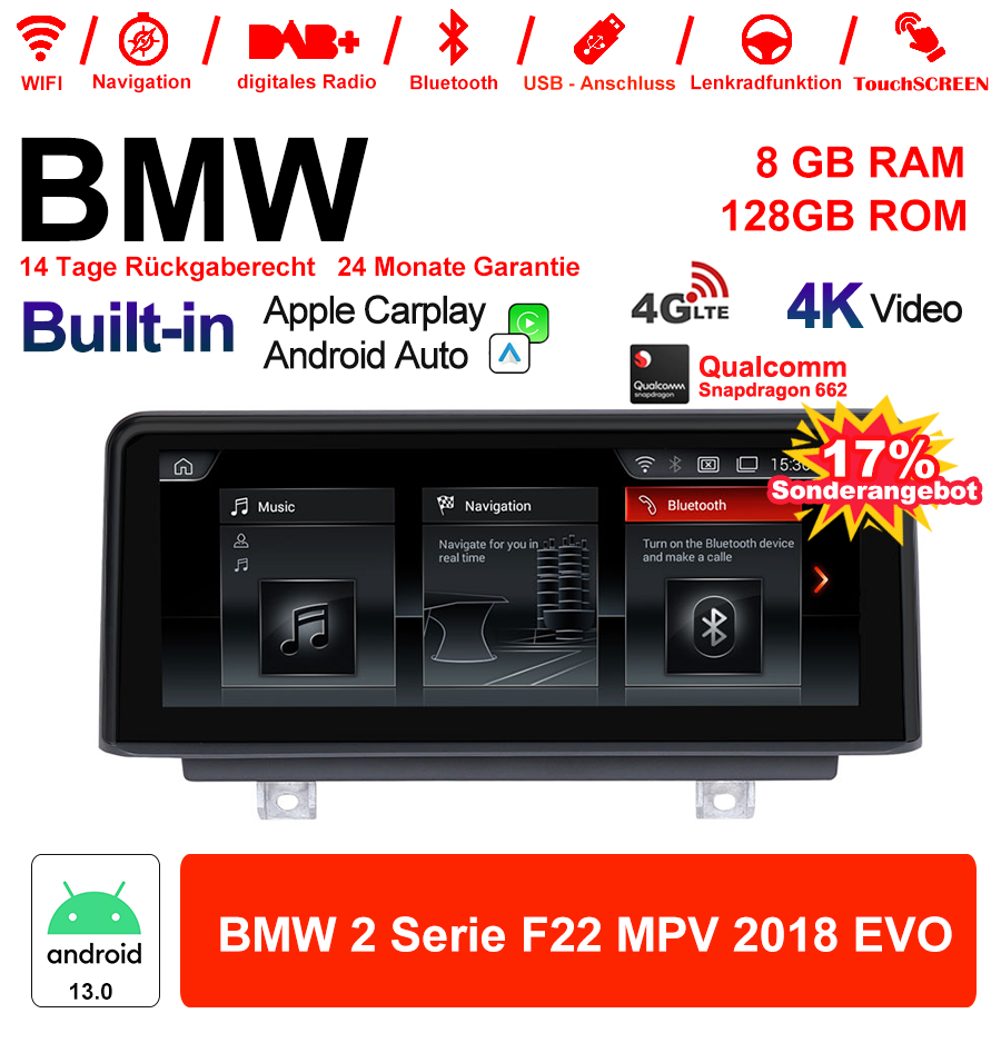 Android Autoradio für BMW 2er 2018 mit Wireless CarPlay, Android Auto & DAB+