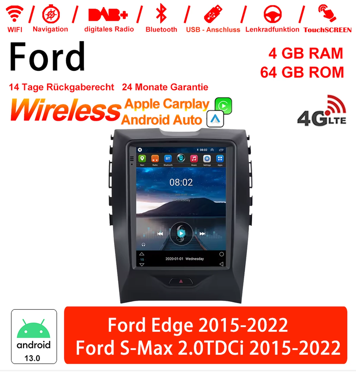 Android Autoradio für Ford S-Max 2.0 TDCi / Ford Edge 2015-2022 mit Wireless CarPlay & Android Auto
