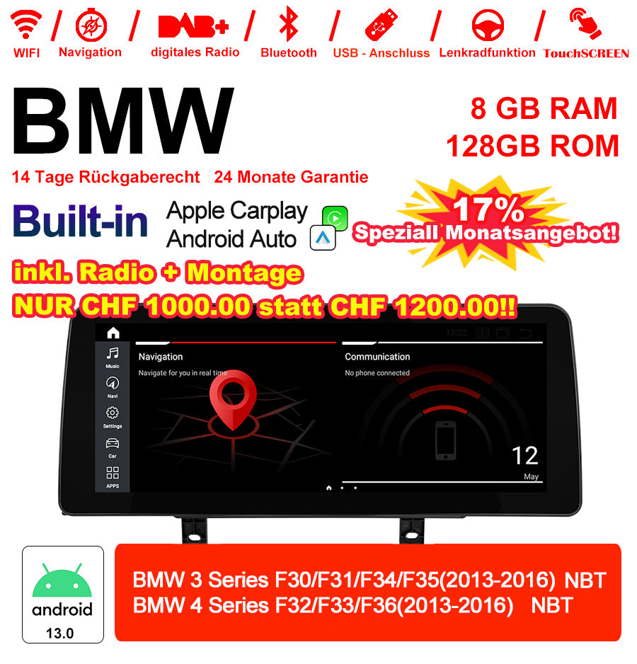 Android Autoradio für BMW 3er F30/F31/F34/F35 und 4er F32/F33/F36 2013-2016 mit Wireless CarPlay, Android Auto & DAB+