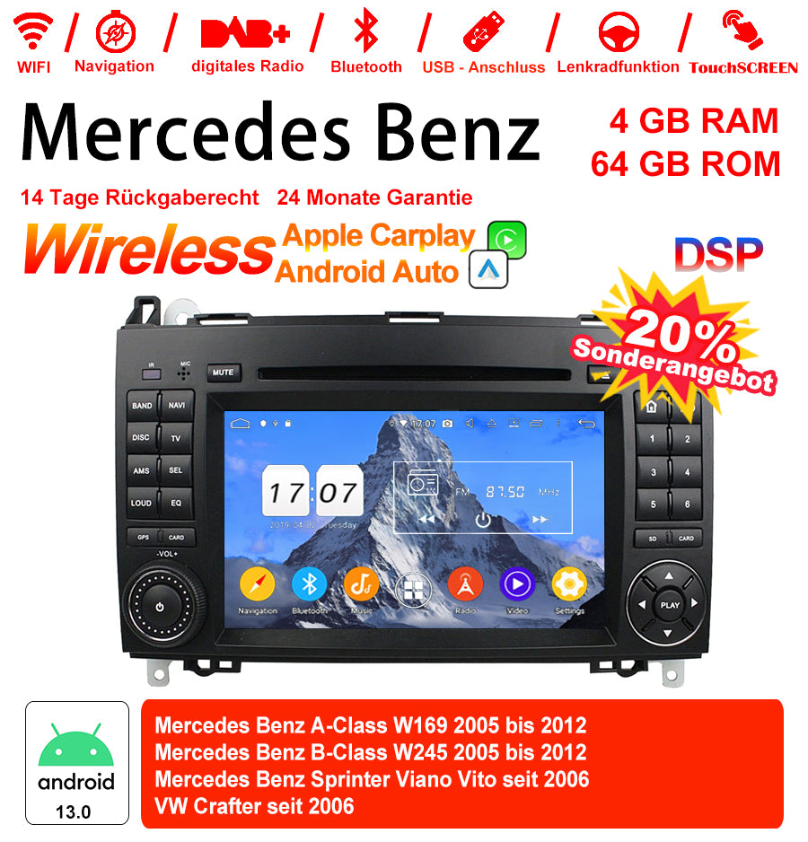 Android Autoradio für Mercedes Benz A-Klasse W169, B-Klasse W245 und Vito 2005-2012 mit Wireless CarPlay, Android Auto & DAB+