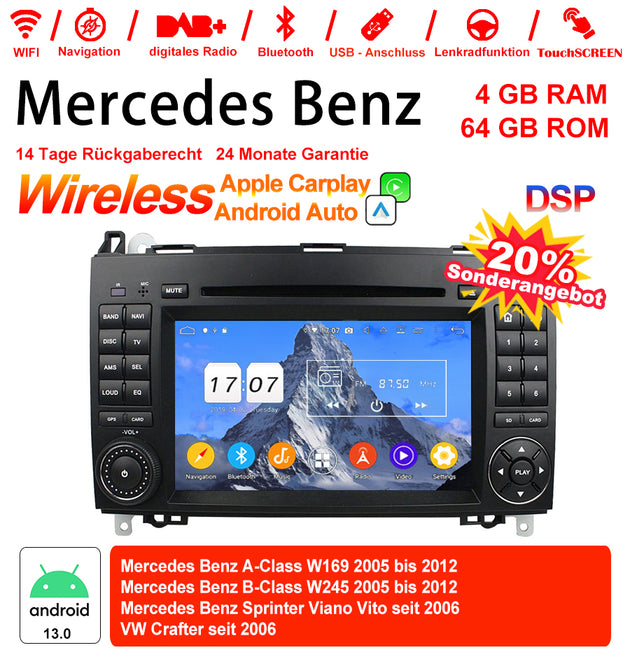 Android Autoradio für Mercedes Benz A-Klasse W169, B-Klasse W245 und Vito 2005-2012 mit Wireless CarPlay, Android Auto & DAB+