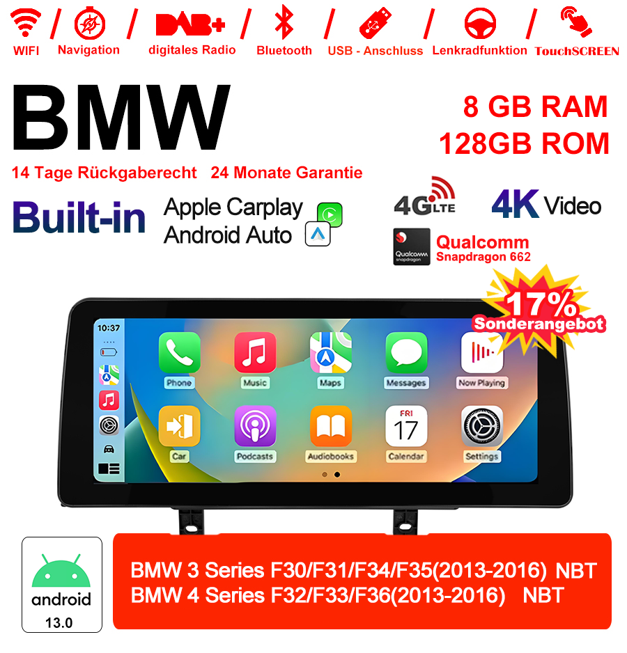 Android Autoradio für BMW 3er F30/F31/F34/F35 und 4er F32/F33/F36 2013-2016 mit Wireless CarPlay, Android Auto & DAB+