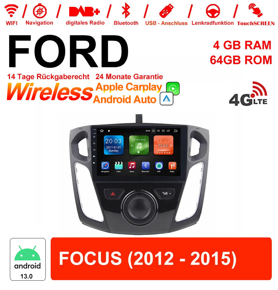 9 Zoll Android Autoradio für Ford Focus 2012-2015 mit Wireless CarPlay & Android Auto