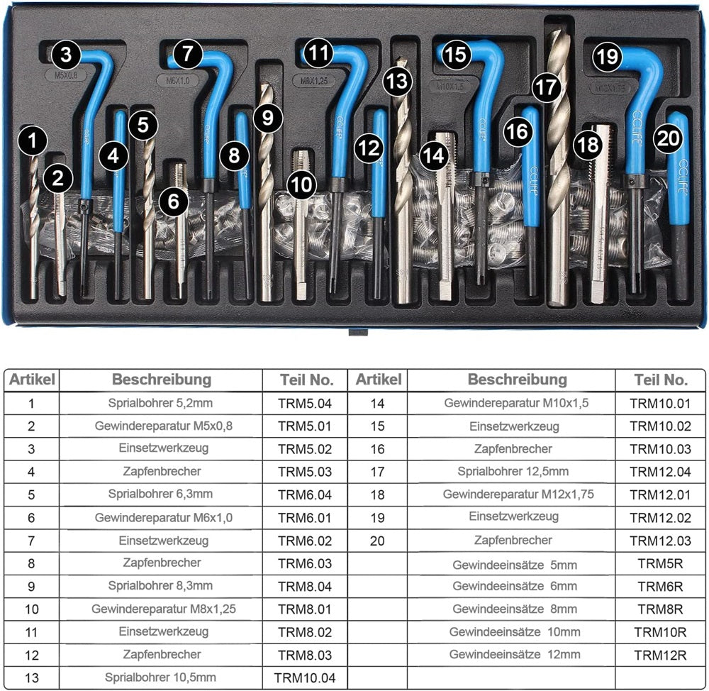 131-tlg Gewindereparatur Gewinde Reparatur Satz mit M5 M6 M8 M10 M12