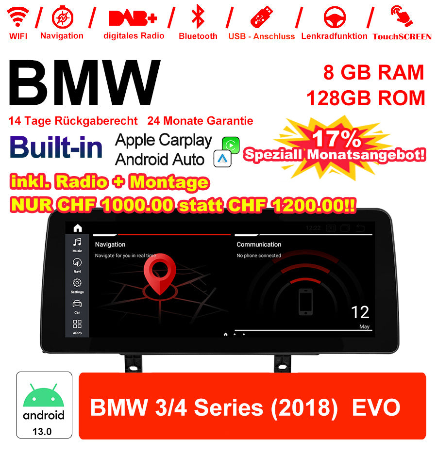 Android Autoradio für BMW 3er und 4er 2018 mit Wireless CarPlay, Android Auto & DAB+