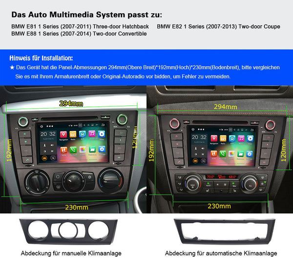Android Autoradio für BMW 1er E81/E82/E88 2007-2014 mit Wireless CarPlay, Android Auto & DAB+