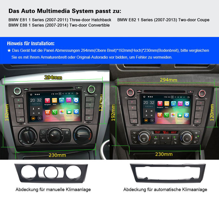 Android Autoradio für BMW 1er E81/E82/E88 2007-2014 mit Wireless CarPlay, Android Auto & DAB+