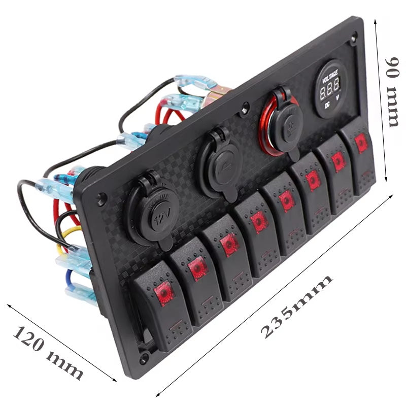 8 Gang Wipp schalter Panel Leistungs schalter überlast geschütztes Voltmeter 12V 24V DC USB Ladegerät Port RV Auto Boot Marine blau LED