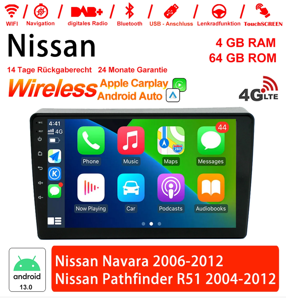 Android Autoradio für Nissan Navara 2006-2012 und Pathfinder R51 2004-2012 mit Wireless CarPlay & Android Auto
