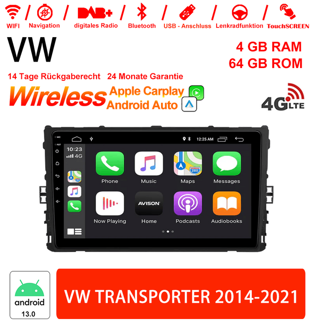 9 Zoll Android 13.0 Autoradio für VW Transporter (2014-2021) mit Wireless CarPlay & Android Auto