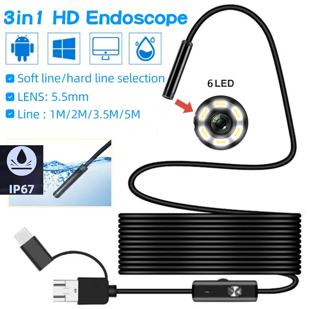 5.5mm objektiv Kamera Endoskop HD IP67 Fest Flexible Rohr Mirco USB Typ-C Endoskop video Inspektion für Android...