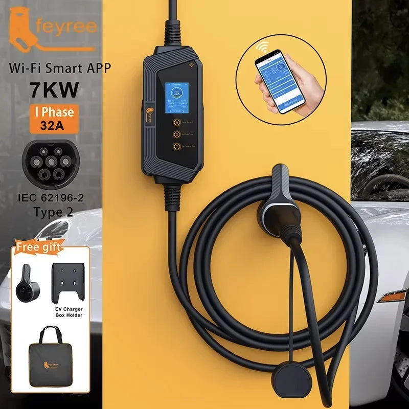 Feyree Typ 2 32A 7kW EV Ladegerät – Tragbar, mit Wi-Fi APP Steuerung, IP66