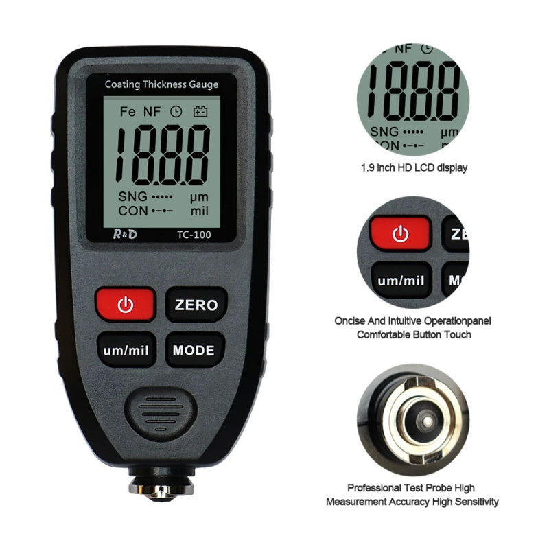 R&D TC100 Beschichtung Dicke Gauge 0,1 micron/0-1300 Autolack Film Dicke Tester Meter Mess FE/NFE russische...