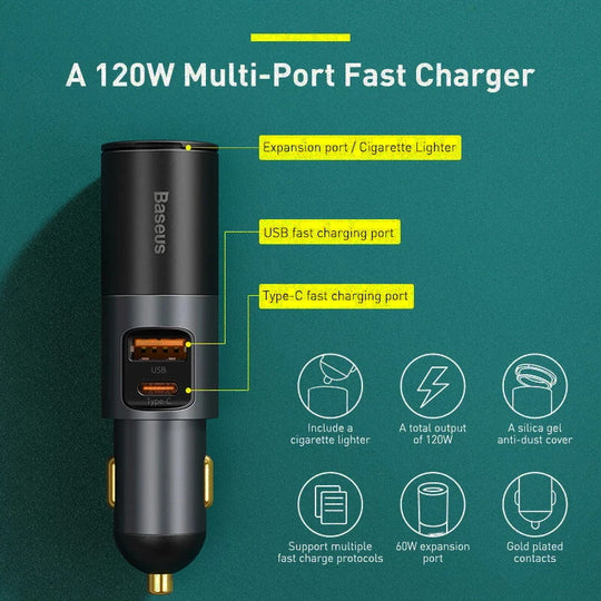 Baseus 120W Autoladegerät QC3,0 PD3,0 USB Telefon Auto Ladegerät Für iPhone 12 Pro Samsung Xiaomi Expansion port Handy Ladegerät