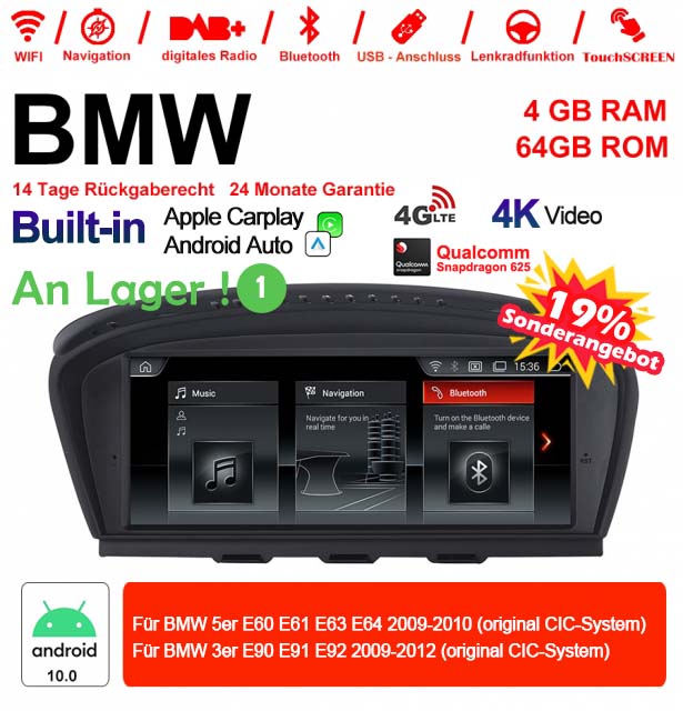 Android Autoradio für BMW 5er E60/E61/E63/E64 und 3er E90/E91/E92 2009-2012 mit Wireless CarPlay, Android Auto & DAB+