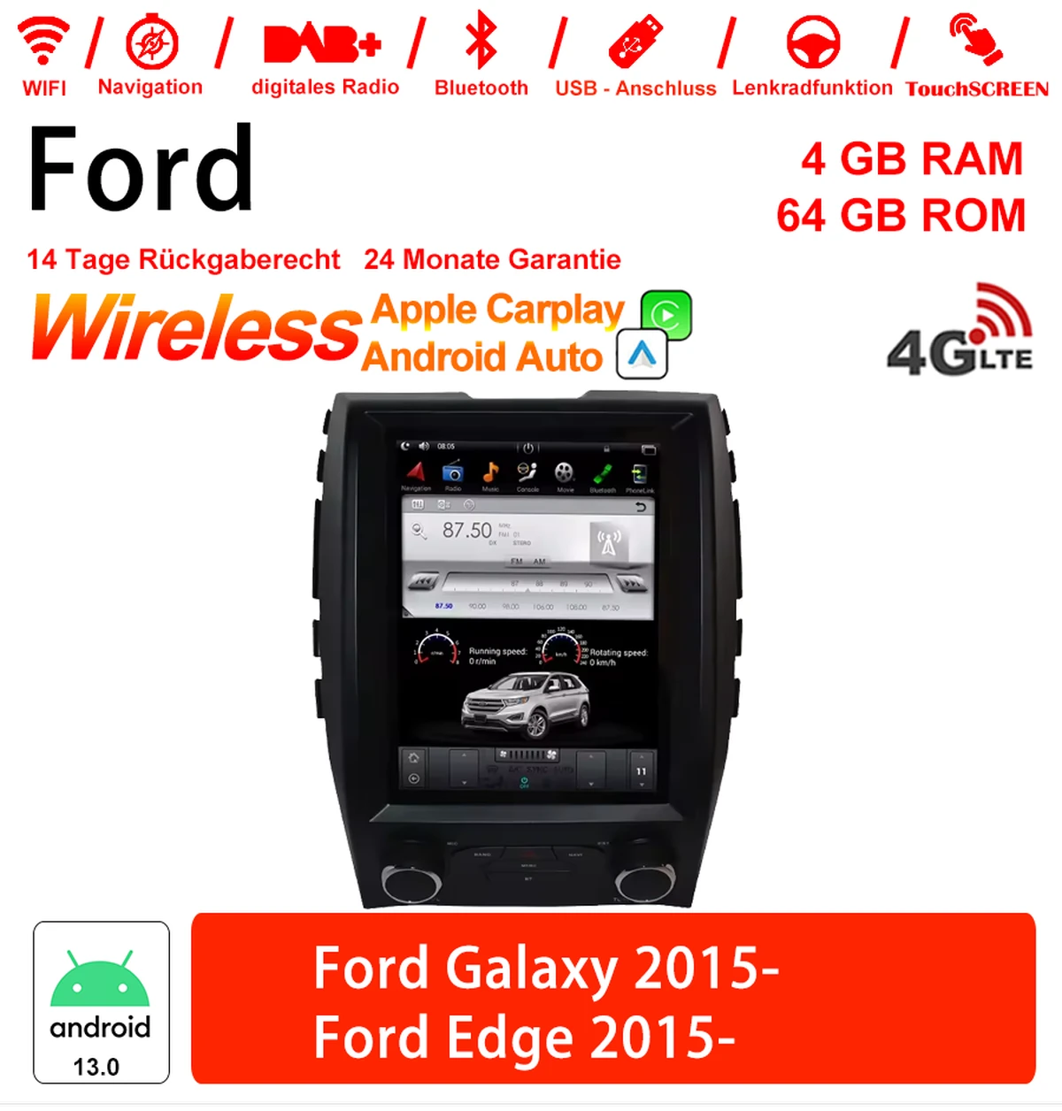 Android Autoradio für Ford Galaxy und Ford Edge ab 2015 mit Wireless CarPlay & Android Auto