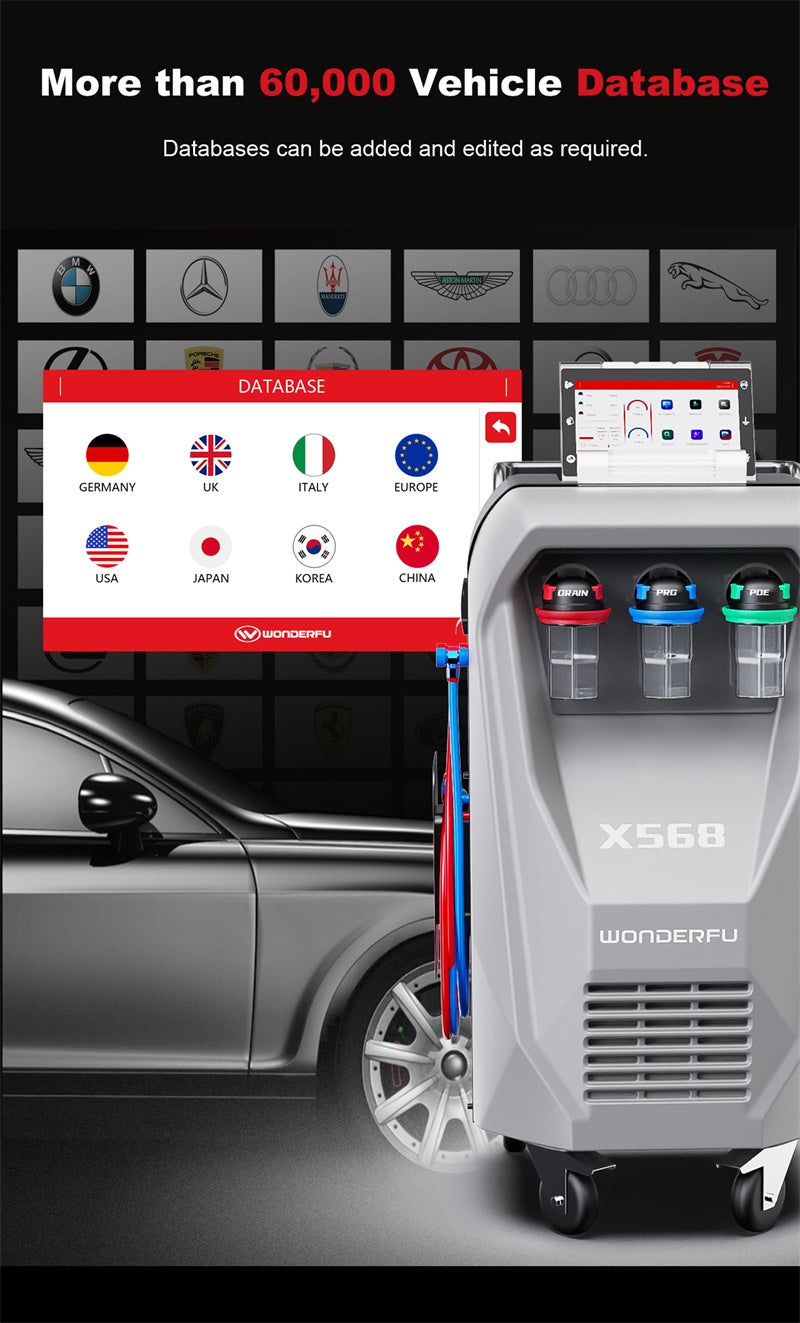 WONDERFU X568 Vollautomatisches Klimaservicegerät mit Rückgewinnung, Spülung, Datenbank und Drucker (für R134a)