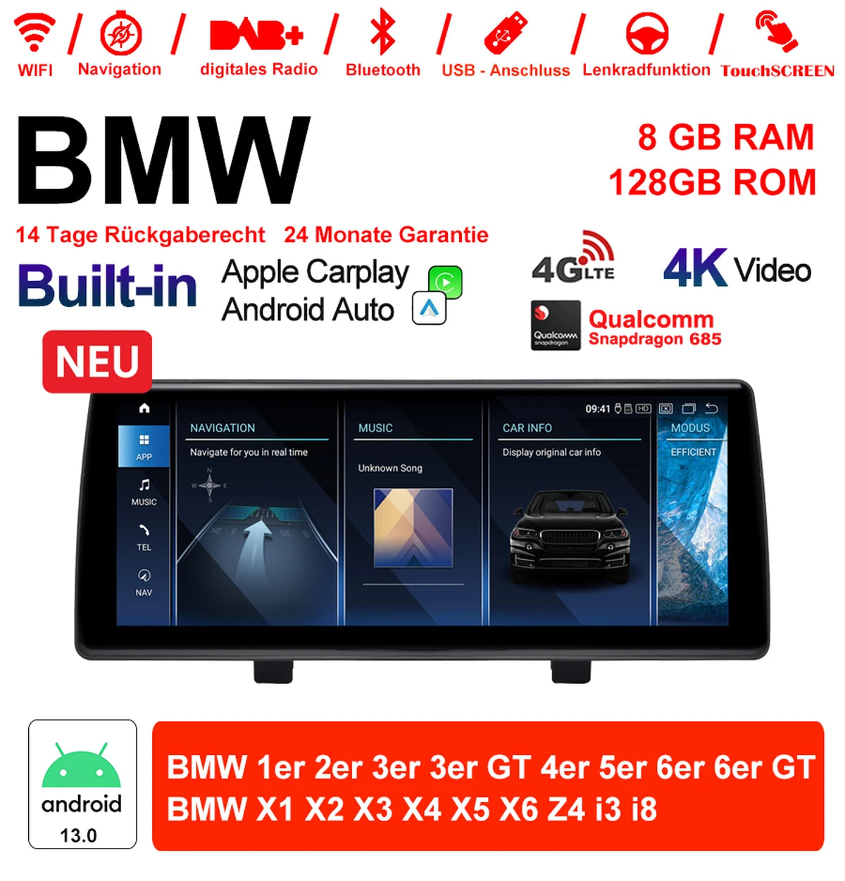 Android Autoradio für BMW X1, X2 und X3 mit Wireless CarPlay, Android Auto & DAB+