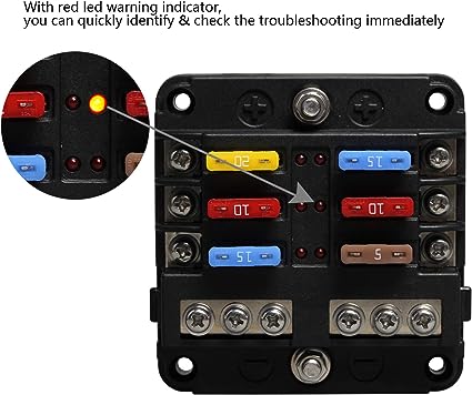 Kfz Sicherungshalter Flachsicherung, ENDARK Kfz Sicherungskasten, 6 Fach Sicherungshalter mit LED-Anzeige Negativen Bus