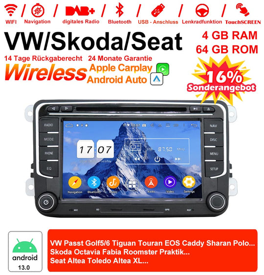 Android Autoradio für VW Golf, Passat, Touran, Tiguan, Polo, Sharan, Caddy, Multivan, Skoda Octavia, Fabia, Roomster, Yeti, SEAT Leon, Toledo, Altea (2003-2013) mit Wireless CarPlay & Android Auto