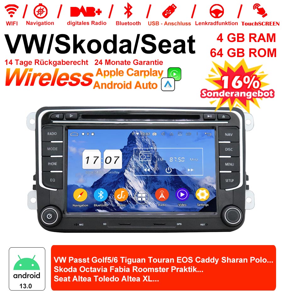 Android Autoradio für VW Golf, Passat, Touran, Tiguan, Polo, Sharan, Caddy, Multivan, Skoda Octavia, Fabia, Roomster, Yeti, SEAT Leon, Toledo, Altea (2003-2013) mit Wireless CarPlay & Android Auto