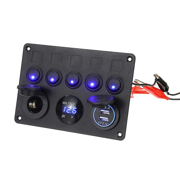 12/24V 5 Gang Blau Led Wippschalter Panel Dual USB Auto Boot Marine Rv Lkw Auf-off