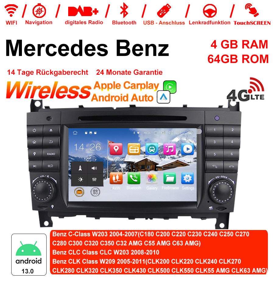 Android Autoradio für Mercedes Benz C-Klasse W203 und CLK W209 2004-2011 mit Wireless CarPlay, Android Auto & DAB+