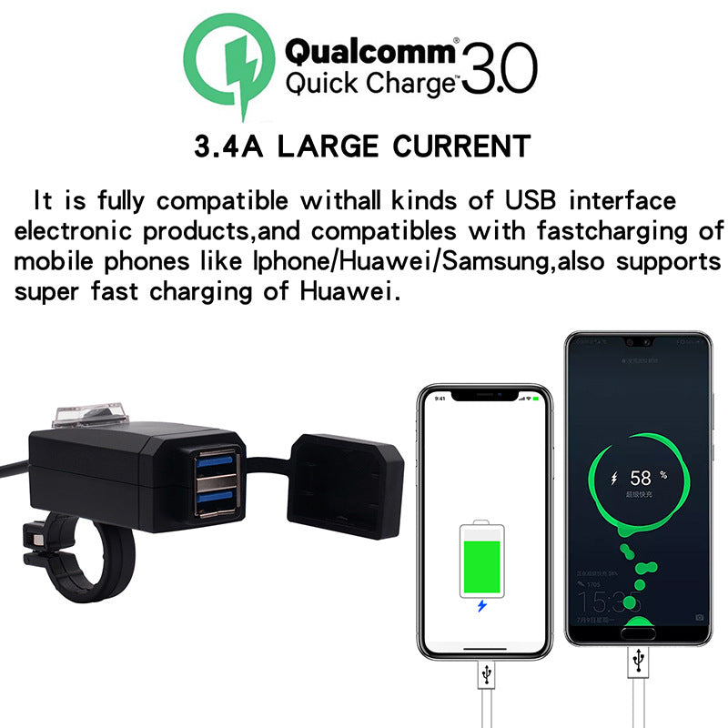 Motorrad QC3.0 USB Ladegerät Wasserdicht Dual USB Moto Schnellladung 12-24V Für Motocicleta 22mm Lenker