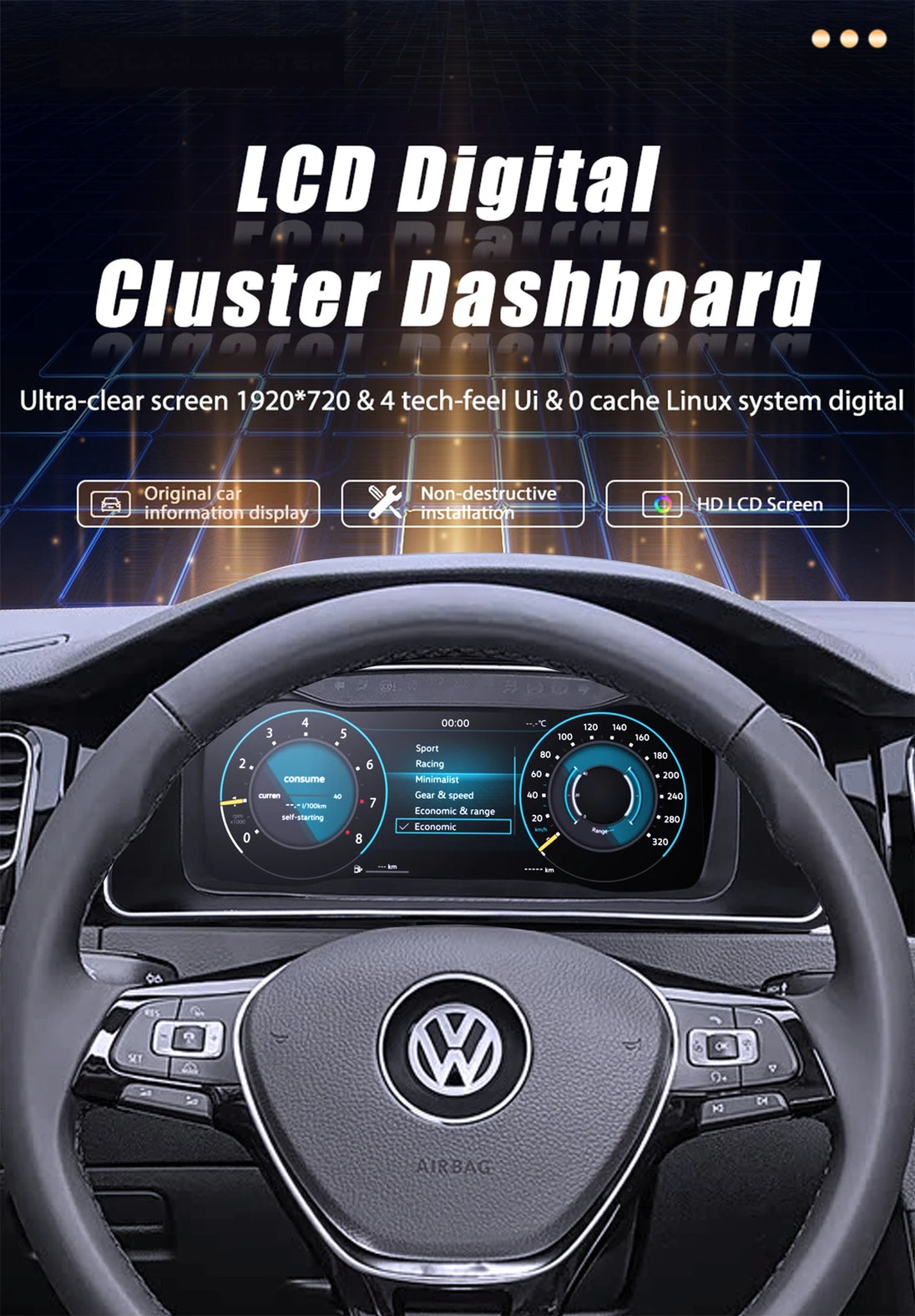 12.3'' LCD Digital Kombiinstrument für VW Golf 4 Jetta MK4 Bora 1997-2005 – Virtuelles Instrumentenpanel