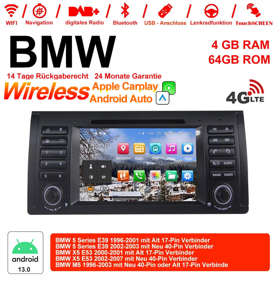 Android Autoradio für BMW 5er E39, X5 E53 und M5 E39 1996-2007 mit Wireless CarPlay, Android Auto & DAB+