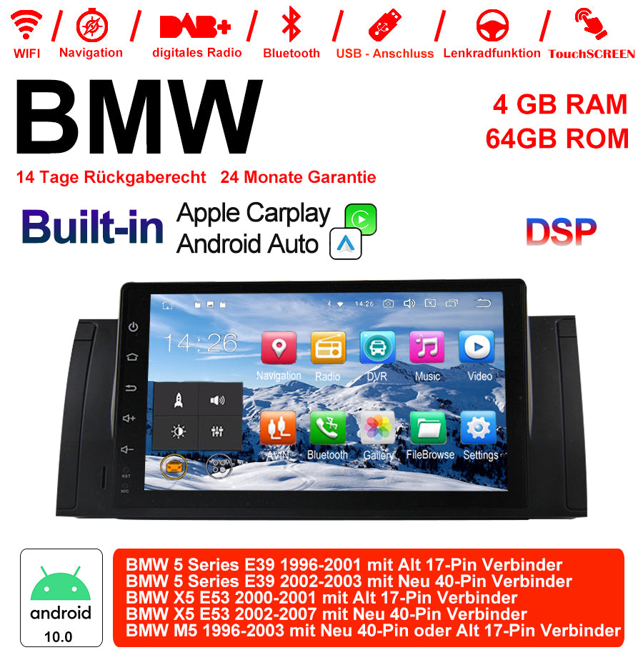 Android Autoradio für BMW 5er E39, X5 E53 und M5 E39 1996-2007 mit Wireless CarPlay, Android Auto & DAB+