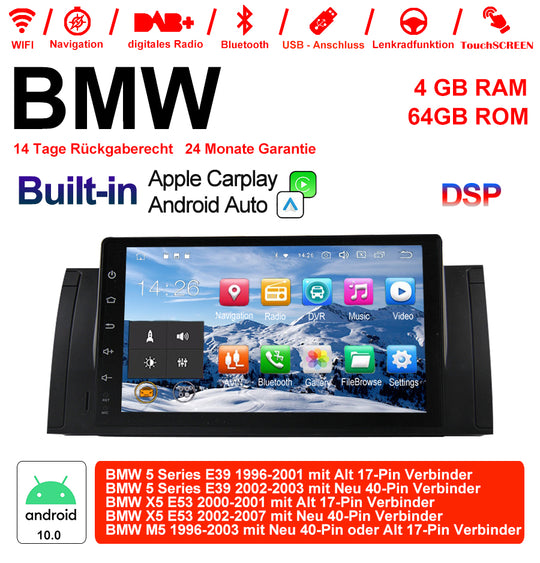 Android Autoradio für BMW 5er E39, X5 E53 und M5 E39 1996-2007 mit Wireless CarPlay, Android Auto & DAB+