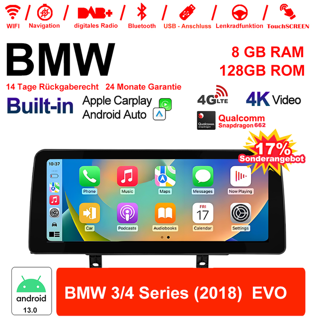 Android Autoradio für BMW 3er und 4er 2016-2018 mit Wireless CarPlay, Android Auto & DAB+