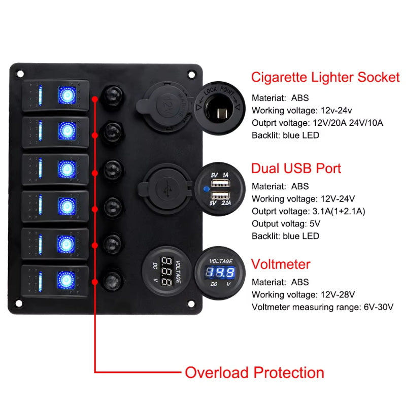 12V 24V 6 Tasten Auto Schalttafel 15a Sicherung Marine Leistungs schalter Voltmeter Tester Licht umschalten USB Ladegeräte 3,0 Auto Splitter