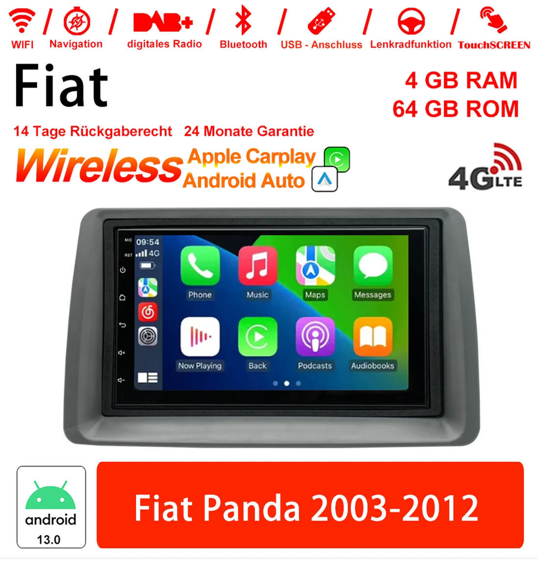Android Autoradio für Fiat Panda 2003-2012 mit Wireless CarPlay & Android Auto
