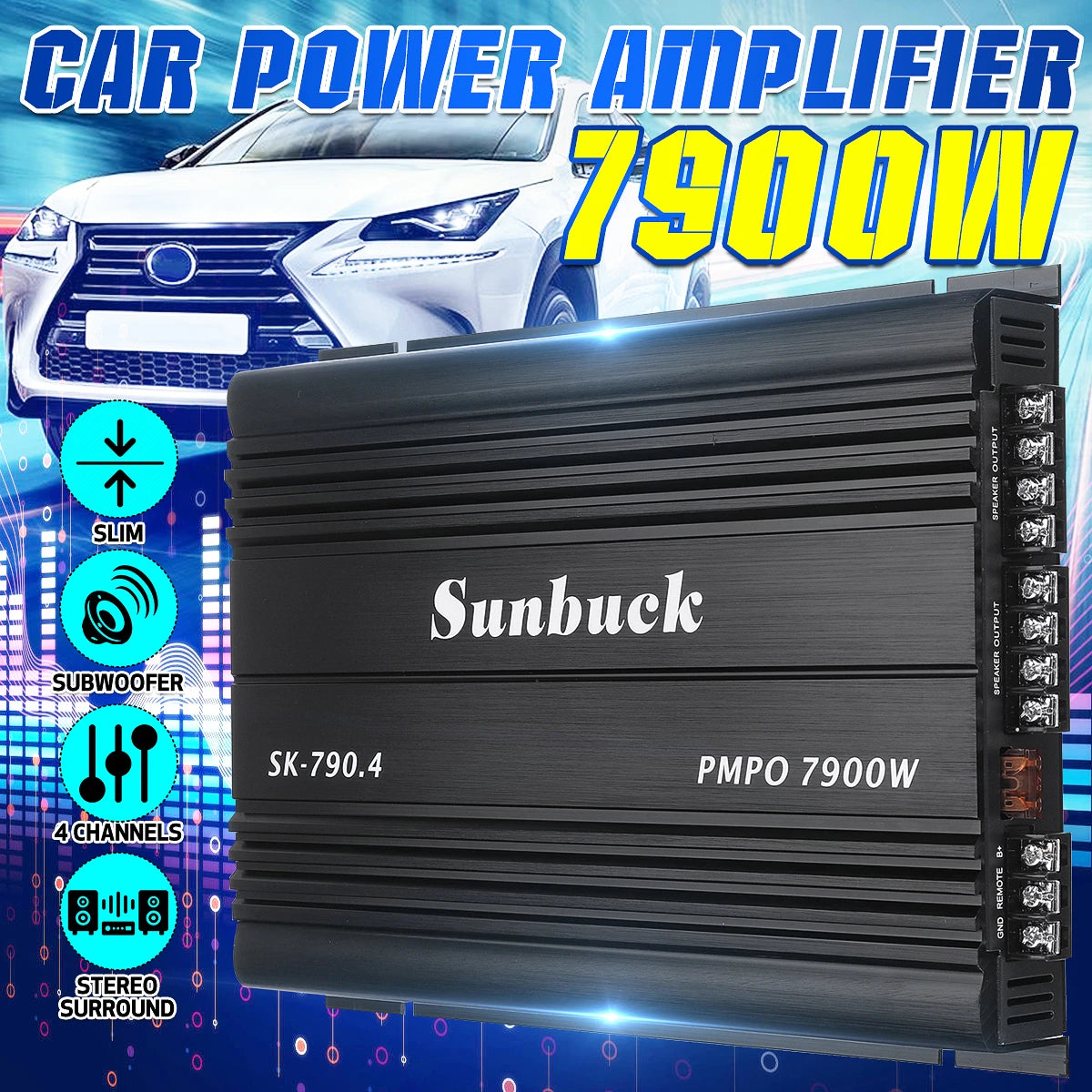 4-Kanal 12V Auto-Leistungsverstärker Klasse A/B Digital Stereo Surround Passiver Subwoofer Audio-Player für Autos Max 7900W