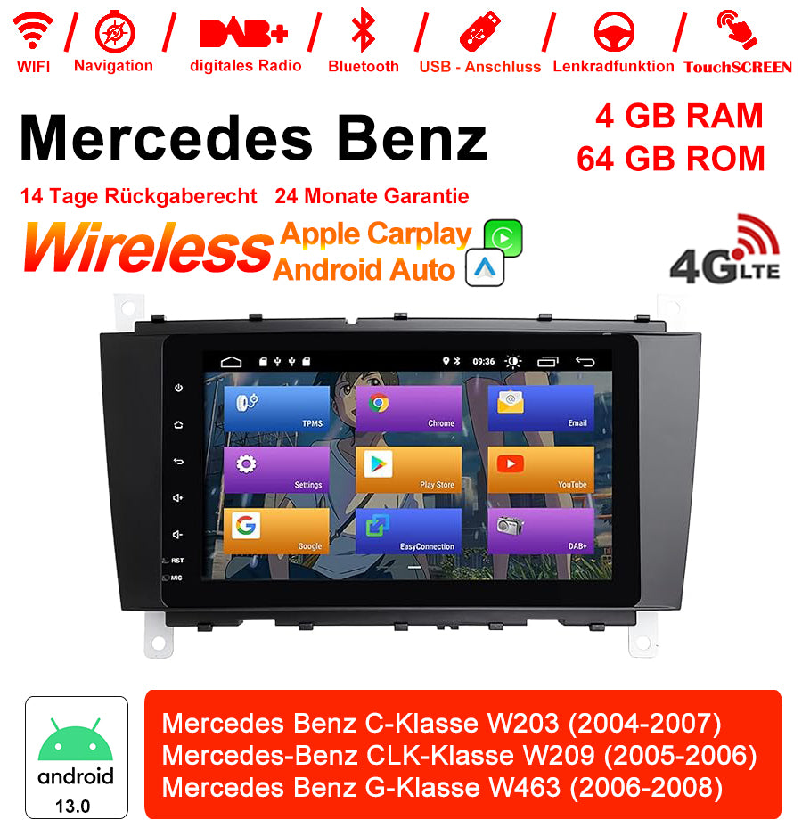 Android Autoradio für Mercedes Benz C-Klasse W203, CLK W209 und G-Klasse W463 2004-2008 mit Wireless CarPlay, Android Auto & DAB+