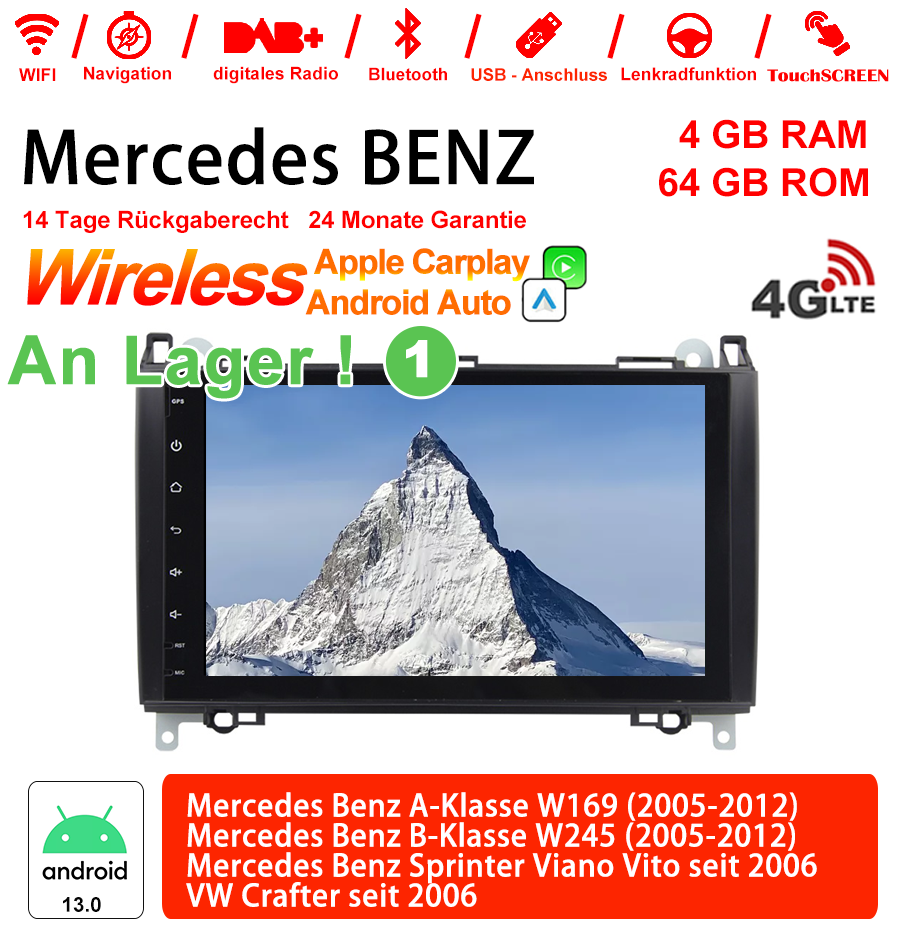 Android Autoradio für Mercedes Benz A-Klasse W169, B-Klasse W245 und Vito 2005-2012 mit Wireless CarPlay, Android Auto & DAB+