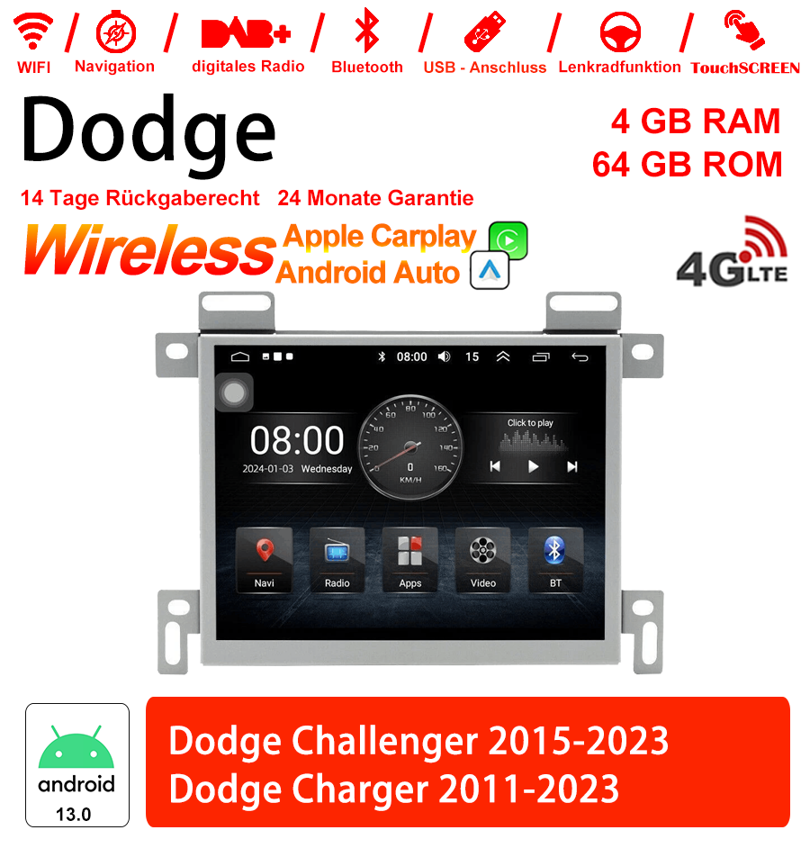 Android Autoradio für Dodge Challenger 2015-2023 und Dodge Charger 2011-2023 mit Wireless CarPlay & Android Auto