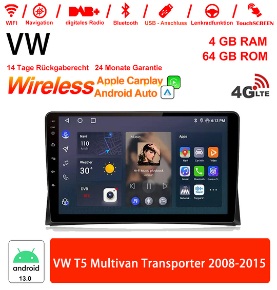9 Zoll Android 13.0 Autoradio für VW T5 Multivan Transporter (2008-2015) mit Wireless CarPlay & Android Auto