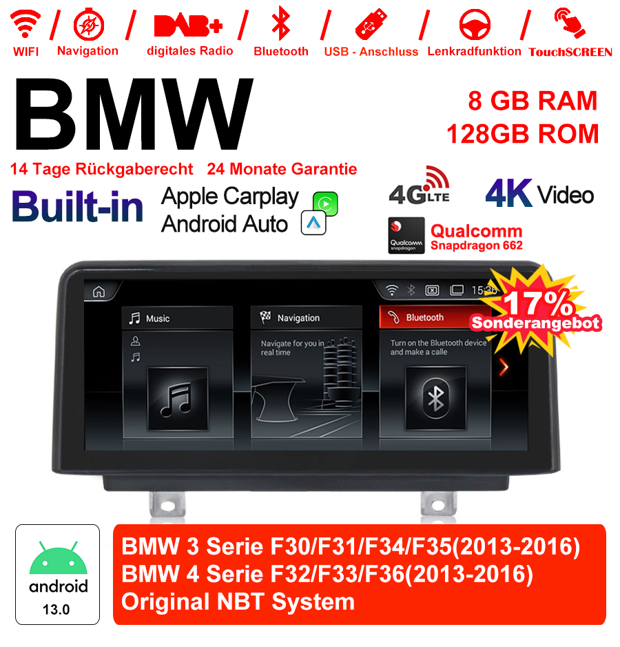 Android Autoradio für BMW 3er F30/F31/F34/F35 und 4er F32/F33/F36 2013-2016 mit Wireless CarPlay, Android Auto & DAB+