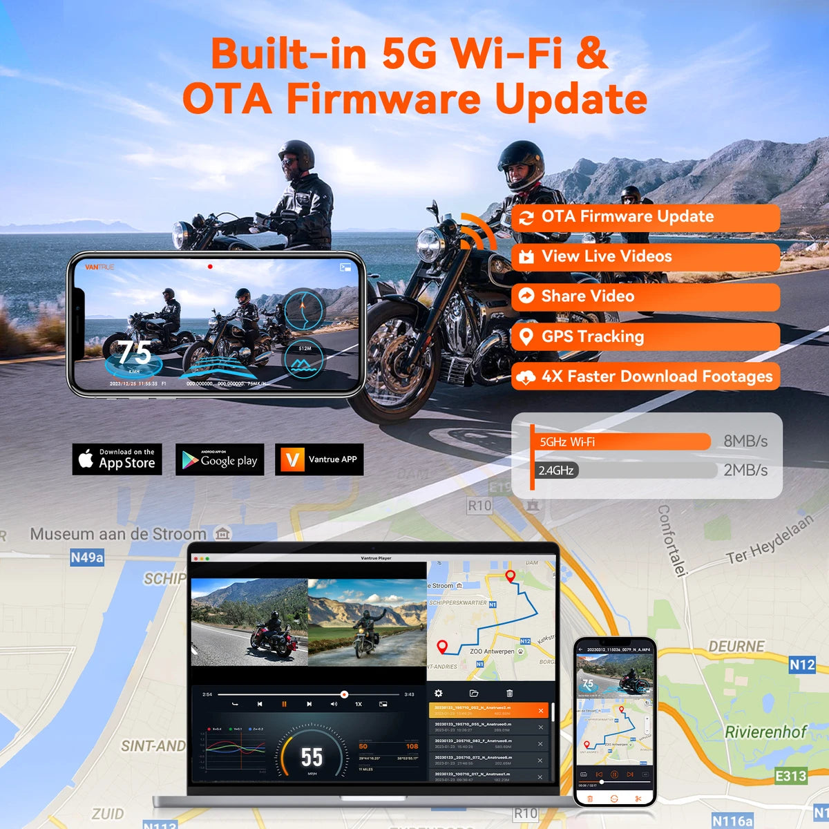 4K Motorrad-Dashcam mit GPS & IP67, 160° Weitwinkel, WLAN‑Fernbedienung