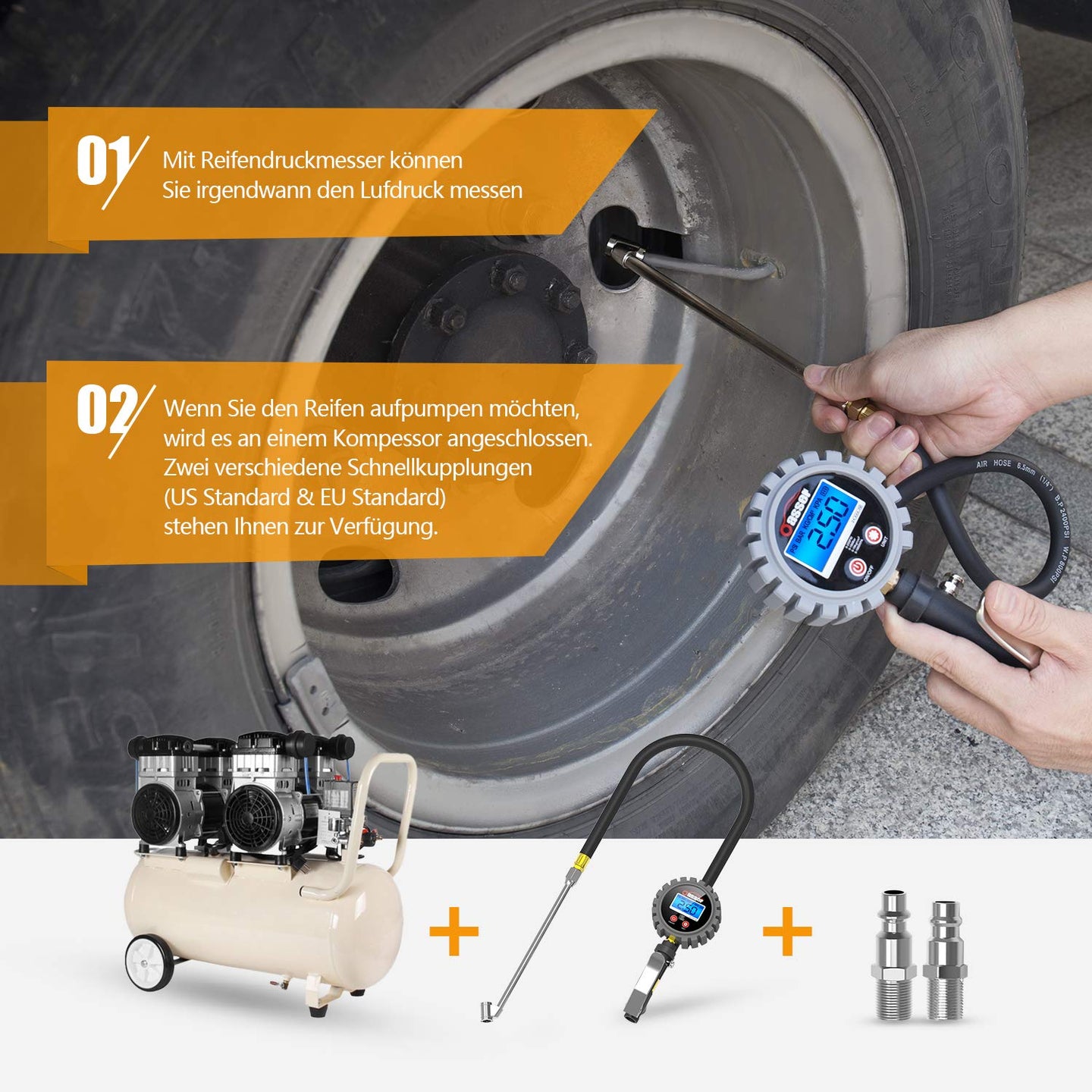 Digitaler Reifendruckmesser Reifenfüller 255 PSI Reifendruckmesser Digitaler Reifendruckprüfer für Auto...