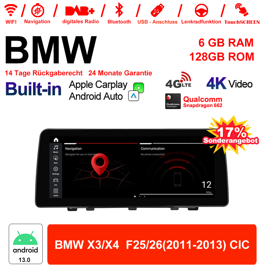 Android Autoradio für BMW X3 F25 und X4 F26 2011-2013 mit Wireless CarPlay, Android Auto & DAB+