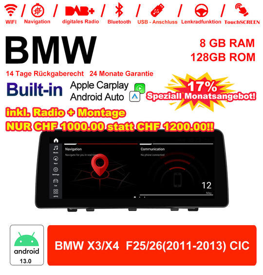 Android Autoradio für BMW X3 F25 und X4 F26 2011-2013 mit Wireless CarPlay, Android Auto & DAB+