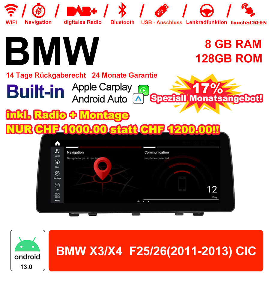 Android Autoradio für BMW X3 F25 und X4 F26 2011-2013 mit Wireless CarPlay, Android Auto & DAB+