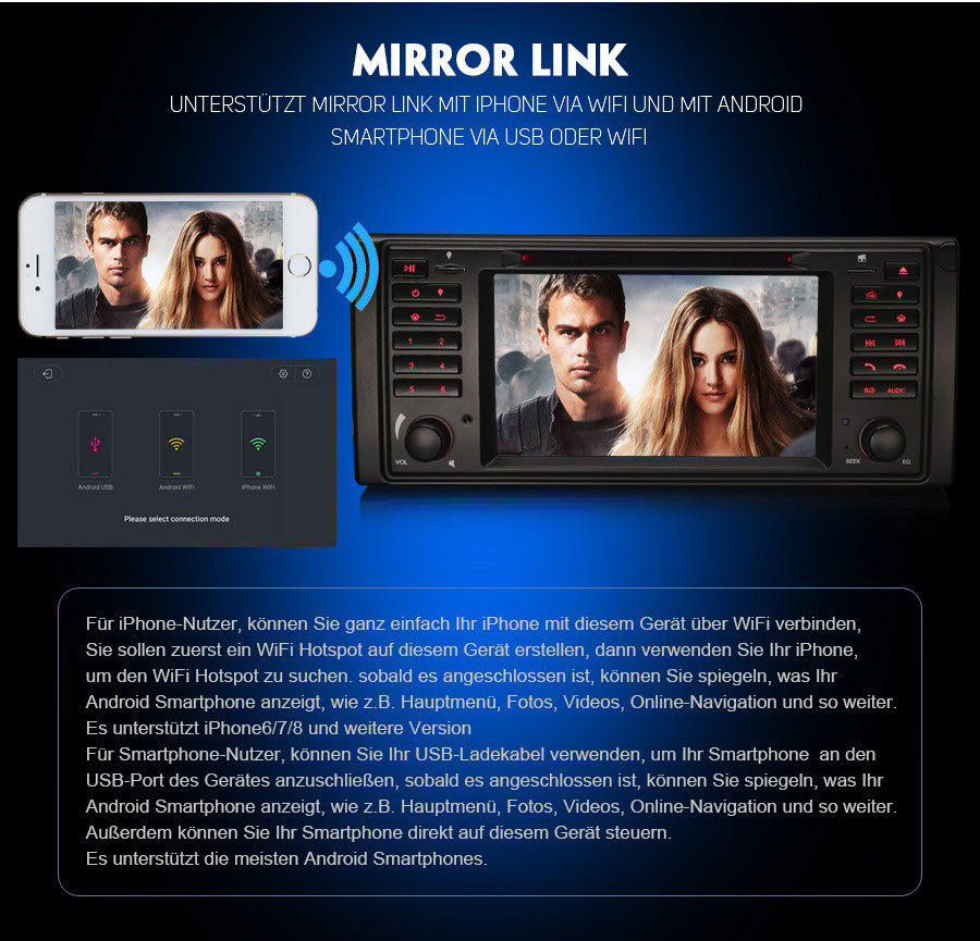 Android Autoradio für BMW 5er E39, X5 E53 und M5 E39 1996-2007 mit Wireless CarPlay, Android Auto & DAB+